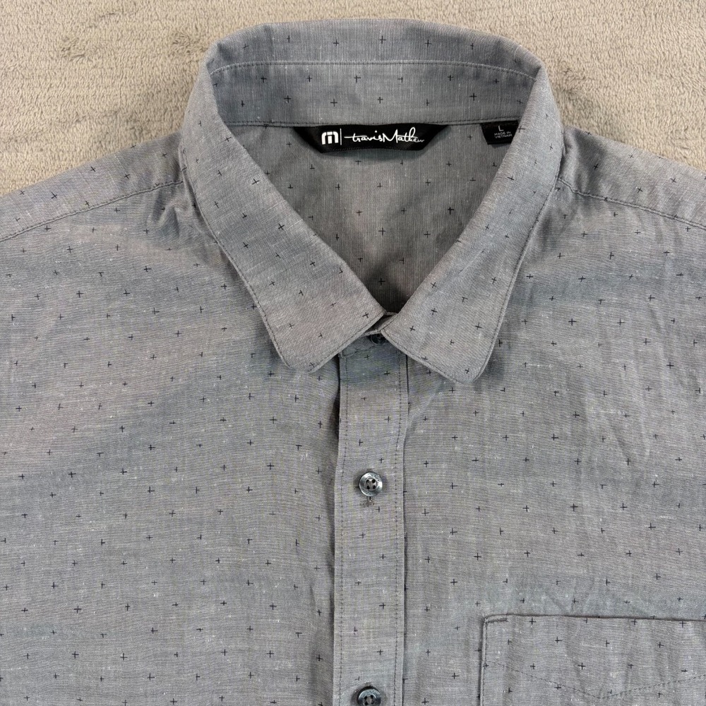 Travis Mathew Geometric Shirt Men Large Grey AOP Short‎ Sleeve Casual Preppy